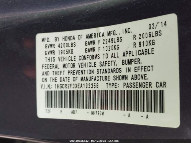 1HGCR2F3XEA193356 Honda ACCORD LX