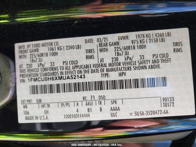 Ford ESCAPE SEL 2021 1FMCU0H6XMUA52143 Image 9