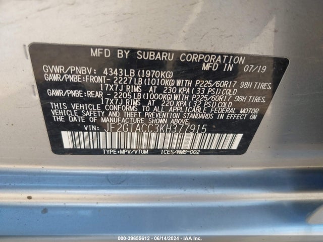 Subaru Crosstrek 2.0i Premium 2019 JF2GTACC3KH377915 Image 9