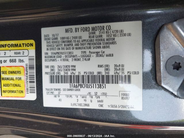 1FA6P8CF0J5113851 Ford Mustang Gt Premium
