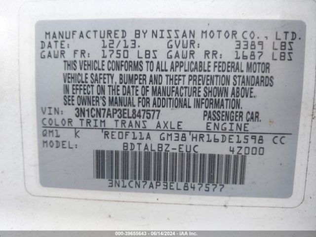3N1CN7AP3EL847577 Nissan Versa 1.6 S/1.6 S+/1.6 Sl/1.6 Sv