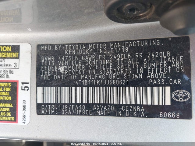 Toyota CAMRY LE 2018 4T1B11HK4JU580621 Image 9
