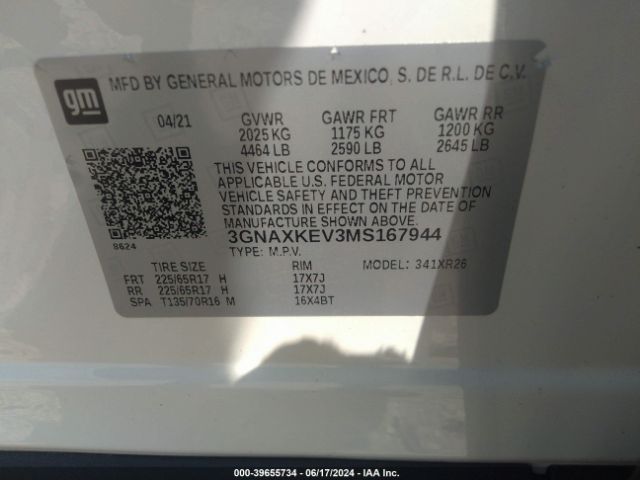3GNAXKEV3MS167944 Chevrolet Equinox Fwd Lt