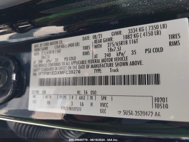 Ford F-150 Lariat 2021 1FTFW1EDXMFC39276 Image 9