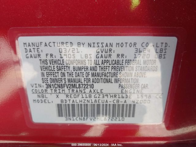 3N1CN8FV2ML872210 Nissan Versa Sr Xtronic Cvt