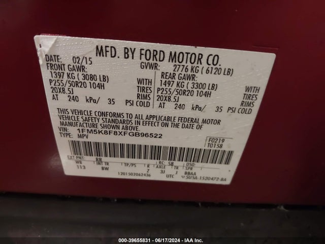Ford Explorer Limited 2015 1FM5K8F8XFGB96522 Image 9