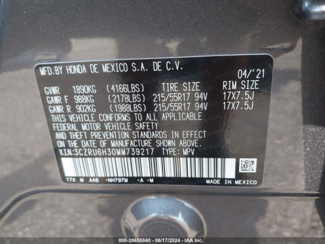 3CZRU6H30MM739217 Honda Hr-v Awd Lx