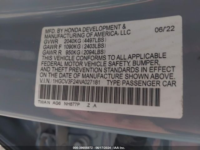 1HGCV3F24NA027181 Honda Accord Hybrid Sport