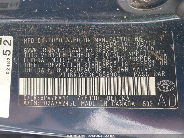 39655897 :رقم المزاد ، 2T1BR32E36C658905 vin ، 2006 Toyota Corolla Ce مزاد بيع
