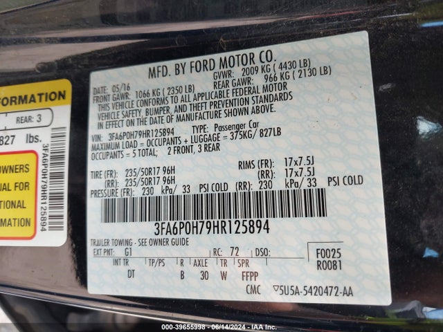 Ford FUSION SE 2017 3FA6P0H79HR125894 Image 9
