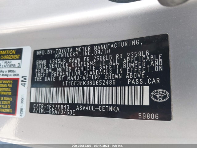 39656203 :رقم المزاد ، 4T1BF3EK8BU652486 vin ، 2011 Toyota Camry Le مزاد بيع