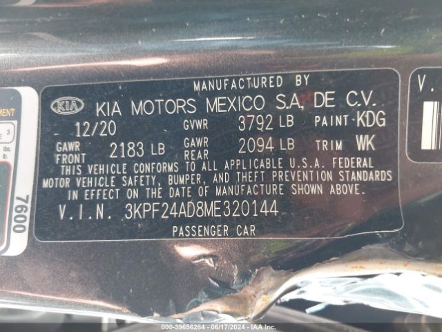 3KPF24AD8ME320144 KIA FORTE FE