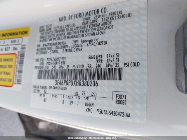 3FA6P0PUXHR380206 Ford Fusion Energi Se Luxury