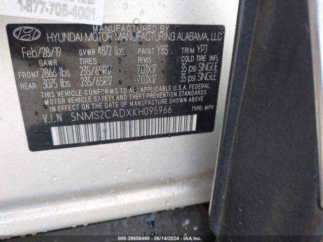 5NMS2CADXKH095966 Hyundai Santa Fe Se
