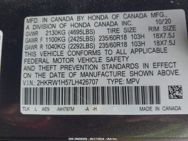 2HKRW1H57LH426707 Honda Cr-v 2wd Ex