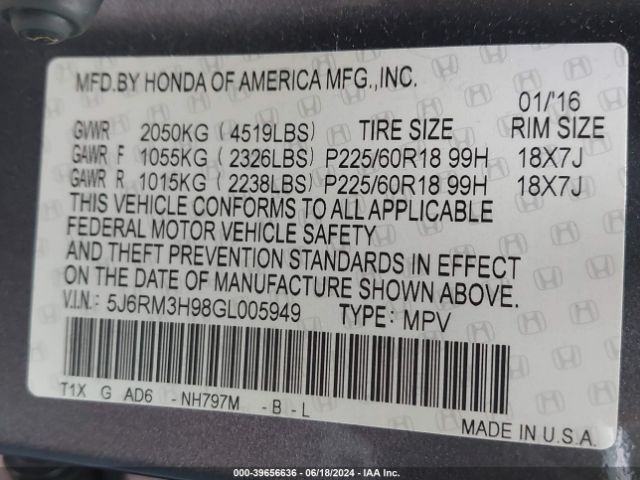 5J6RM3H98GL005949 Honda Cr-v Touring