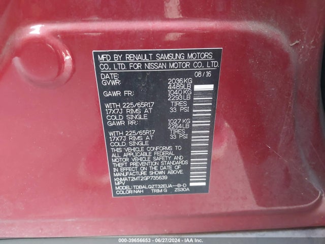 Nissan ROGUE SV 2016 KNMAT2MT2GP735639 Image 9