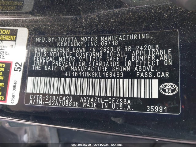 Toyota CAMRY SE 2019 4T1B11HK9KU168499 Image 9