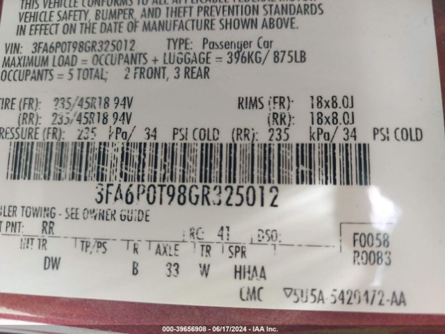 2016 FORD FUSION 3FA6P0T98GR325012 Photo 8