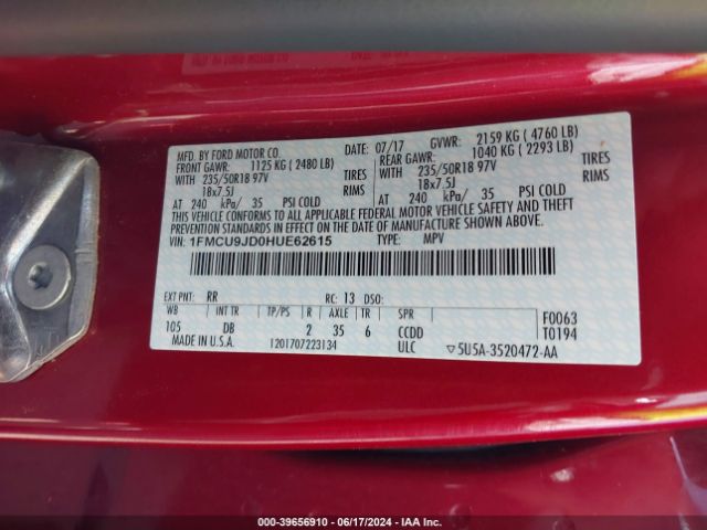 1FMCU9JD0HUE62615 Ford Escape Titanium