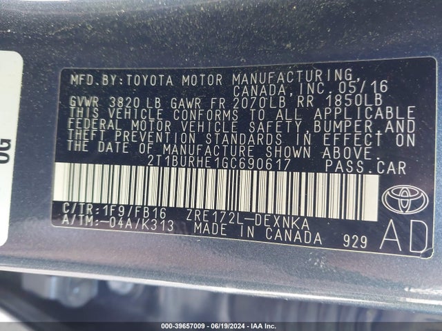Toyota COROLLA LE 2016 2T1BURHE1GC690617 Image 9