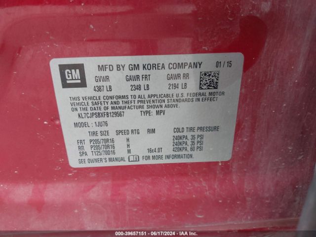 KL7CJPSBXFB129567 Chevrolet Trax 1ls