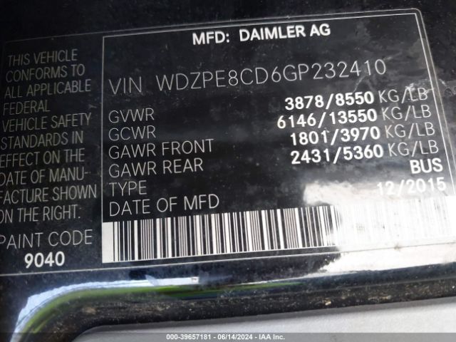 WDZPE8CD6GP232410 Mercedes-Benz Sprinter 2500 High  Roof