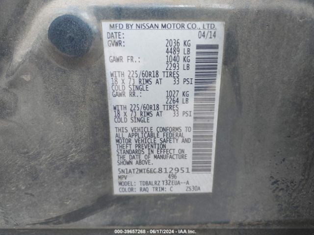 5N1AT2MT6EC812951 Nissan Rogue S/sl/sv
