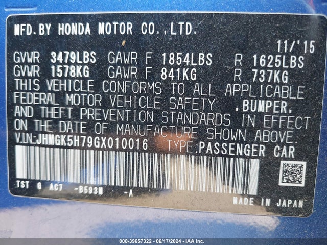 39657322 :رقم المزاد ، JHMGK5H79GX010016 vin ، 2016 Honda Fit Ex مزاد بيع