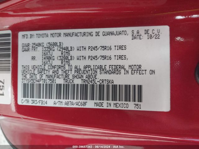 3TYSX5EN4PT017501 Toyota Tacoma Sr