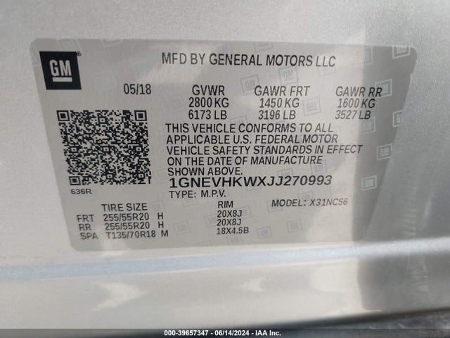 Chevrolet Traverse 3lt 2018 1GNEVHKWXJJ270993 Image 9