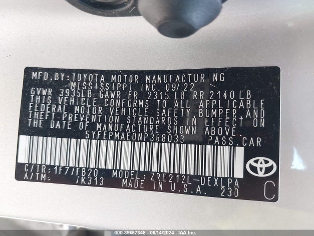 Toyota COROLLA LE 2022 5YFEPMAE0NP368033 Image 9