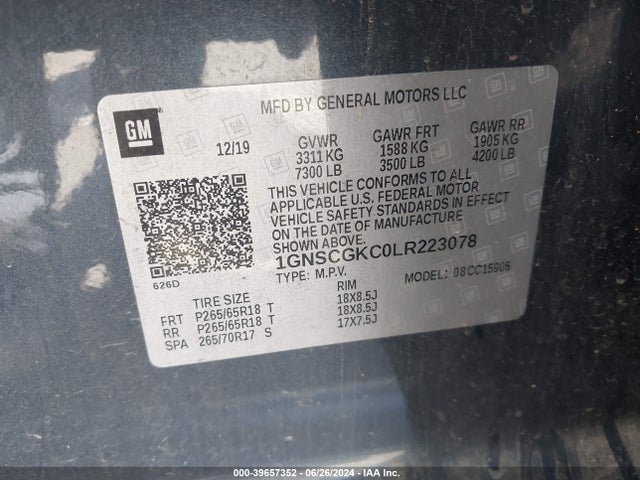39657352 :رقم المزاد ، 1GNSCGKC0LR223078 vin ، 2020 Chevrolet Suburban 2wd Ls مزاد بيع