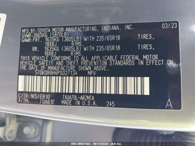 Toyota Highlander Xle 2023 5TDKDRAH4PS027134 Image 9