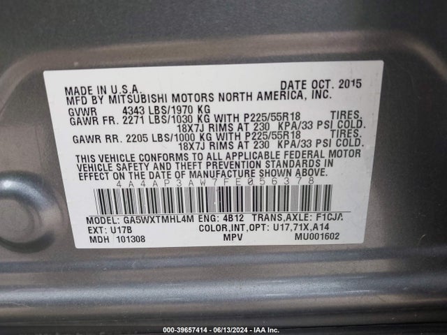 4A4AP3AW7FE056378 Mitsubishi Outlander Sport Es