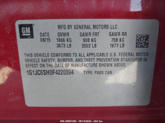 1G1JC6SH0F4220394 Chevrolet Sonic Lt Auto