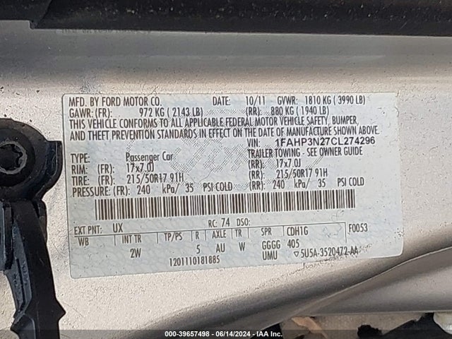 Aukcja sprzedaży 2012 Ford Focus Titanium, vin: 1FAHP3N27CL274296, numer aukcji: 39657498