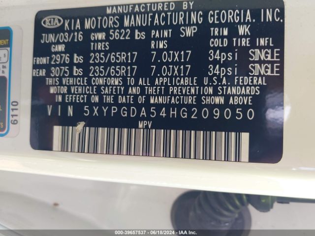 5XYPGDA54HG209050 KIA Sorento 3.3l Lx