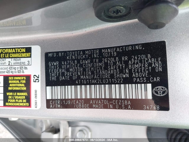 Toyota CAMRY SE 2020 4T1G11AK2LU311522 Image 9