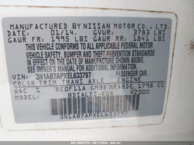 3N1AB7APXEL633797 Nissan Sentra Fe+ S/fe+ Sv/s/sl/sr/sv