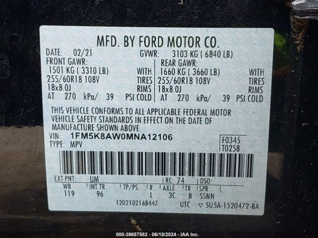 1FM5K8AW0MNA12106 Ford Police Interceptor Utility