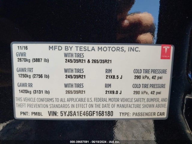 Tesla Model S 90d/p100d/p85d/p90d 2016 5YJSA1E46GF168180 Image 9