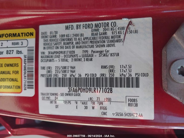 Ford FUSION SE 2020 3FA6P0HD9LR171028 Image 9