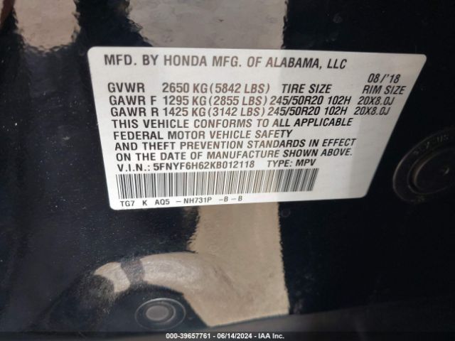 5FNYF6H62KB012118 Honda Pilot Touring