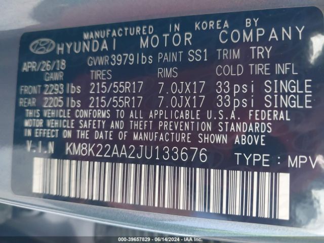 KM8K22AA2JU133676 Hyundai Kona Sel