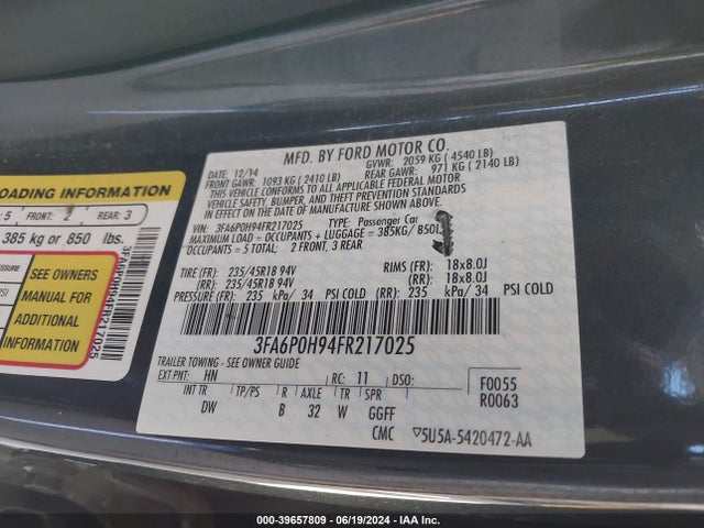 Ford FUSION SE 2015 3FA6P0H94FR217025 Image 9