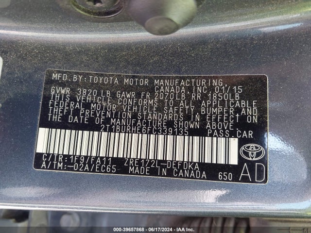 Toyota COROLLA L 2015 2T1BURHE6FC339135 Image 9