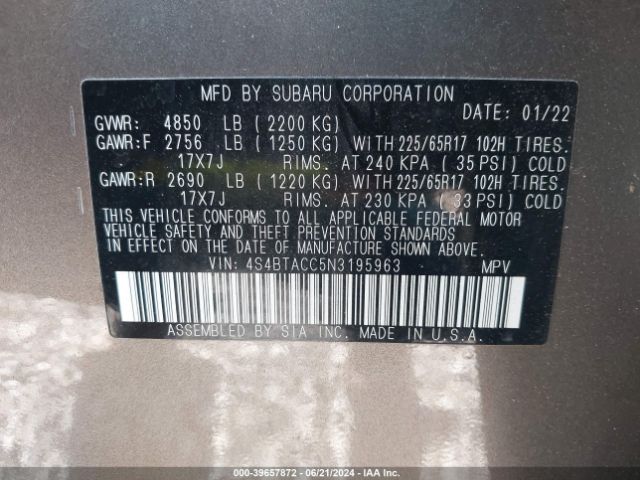4S4BTACC5N3195963 Subaru Outback Premium