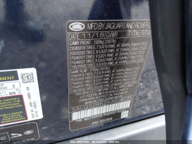 SALGS2RK2KA538021 Land Rover Range Rover 3.0l V6 Turbocharged Diesel Hse Td6