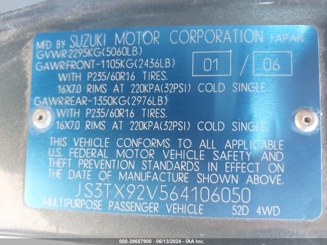 Aukcja sprzedaży 2006 Suzuki Xl-7 Premium, vin: JS3TX92V564106050, numer aukcji: 39657900